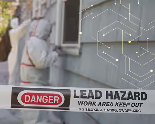 Workers in PPE removing lead paint from a house. Lead Laws, Lead Testing.